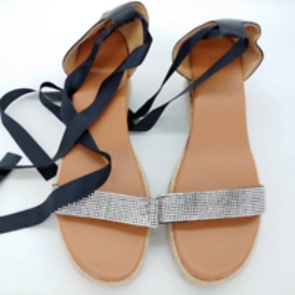 Yasirun Womens Espadrilles Sandals Black Wedge Heels Rhinestone 10 EUR 43 New - Picture 4 of 9